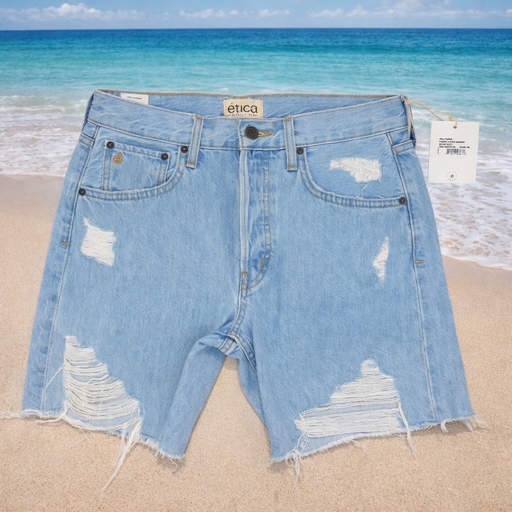NWT Etica Size 26 -  Narin Long Shorts Blue Mist Light wash distressed.